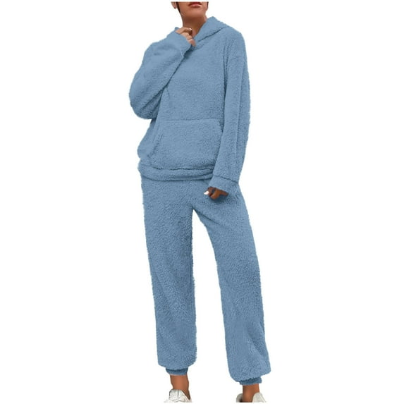 Inleife Womens Winter Pajama Sets for Solid Color Coral Fleece Home Clothes Casual Pocket Long Sleeve Hooded Top Pants Sleepwear Robe Set