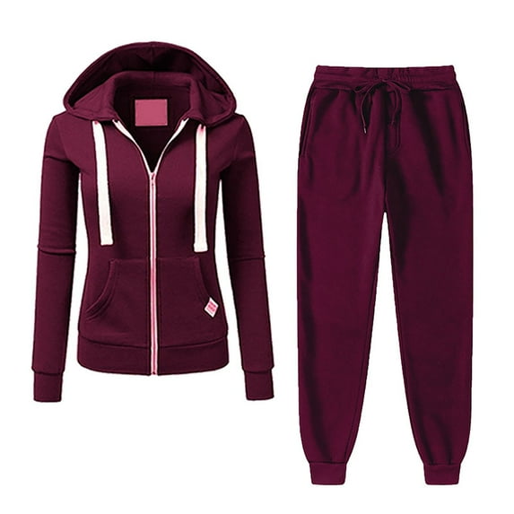 Inleife Womnes Sets 2 Piece Wine Long Sleeved Casual Hooded Sports Set Daily Hoodie Set