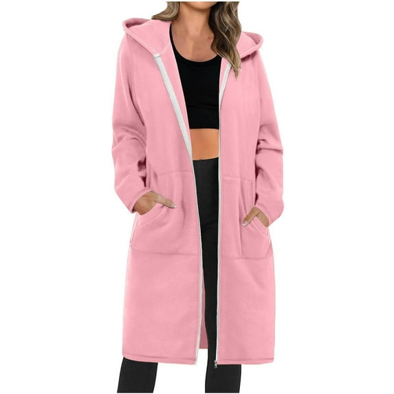 Inleife Zip Up Jacket Women Solid Color Zipper Women's Long Sleeved Hooded Casual Loose Long Outwears Jackets