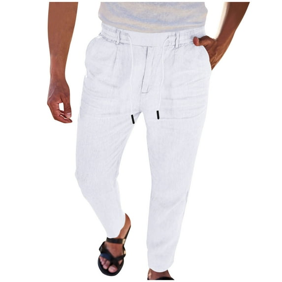 Inleife mens pants clearance under $10 Men Leisure Time Solid Color Button Elastic Waist Draw Rope Full Length Pants