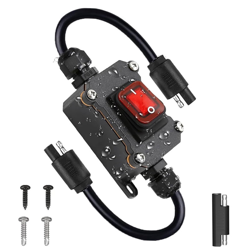 Inline 12V Power Switch With SAE Connectors - 12AWG Waterproof Quick Disconnect Harness With Green Light Button For RVs, Motorcycles & Solar Gear