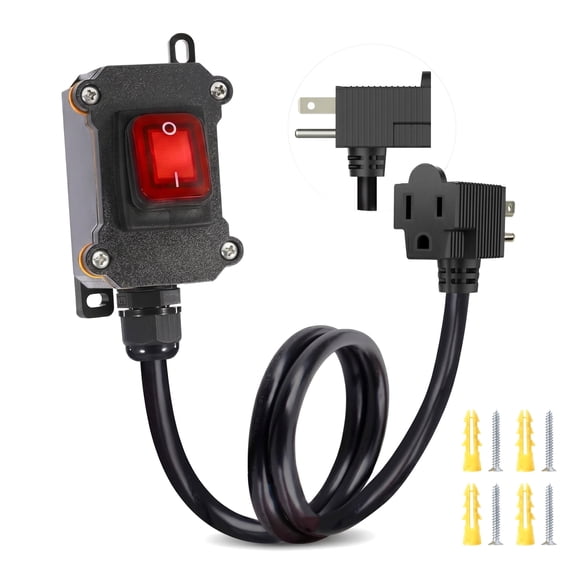 Inline Cord Switch with 3.3FT 14AWG Cable Piggyback Plug(3-Pronged), IP67 Waterproof Extension Cord with On/Off, AC/DC 20A-125V Inline Power Switch with Red LED Rocker Button