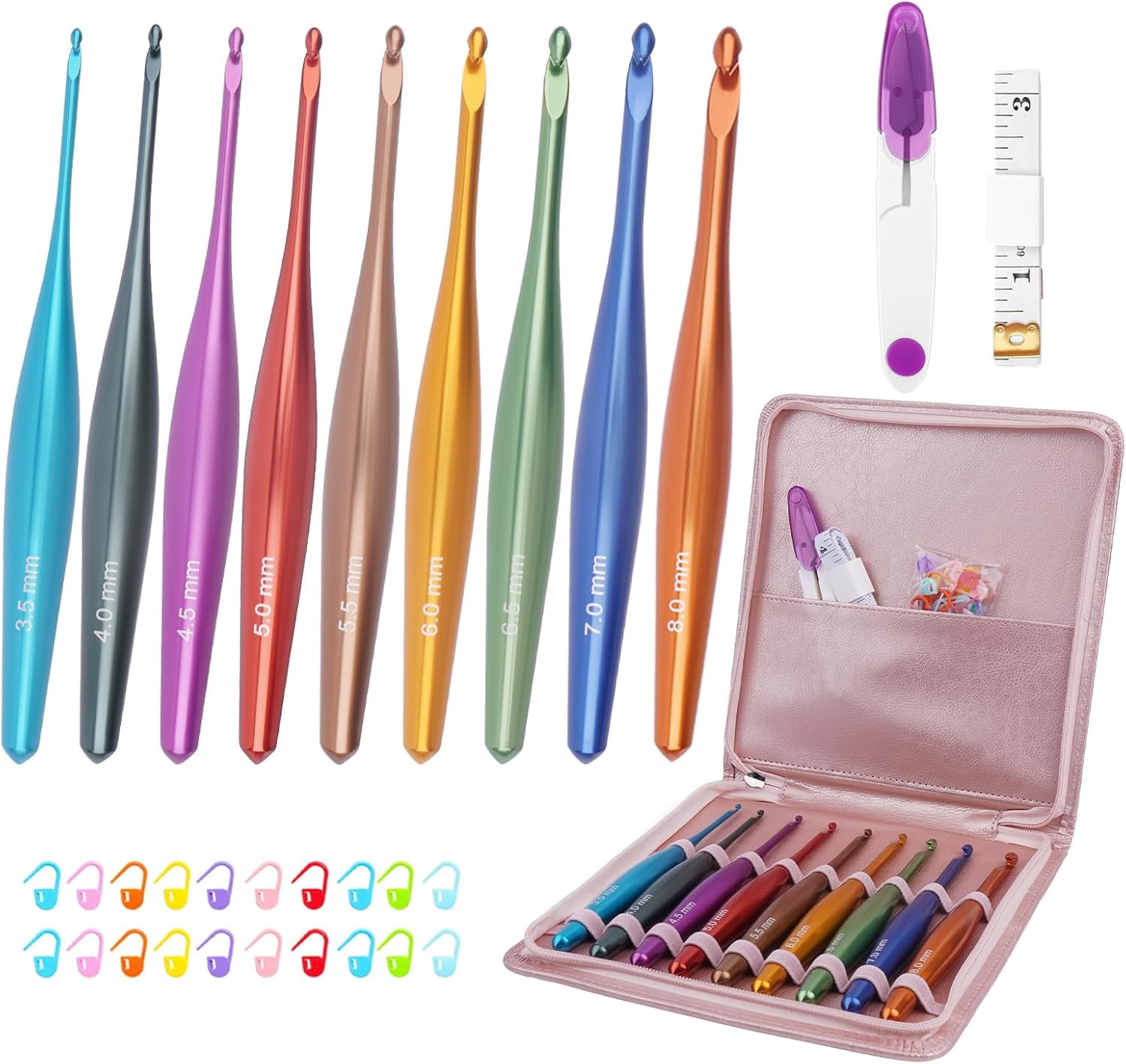 Inline Crochet Hook Set Ergonomic Aluminum Hooks with Case for Arthritic Hands,Crcohet Gift Beginner(3.5mm-8mm)