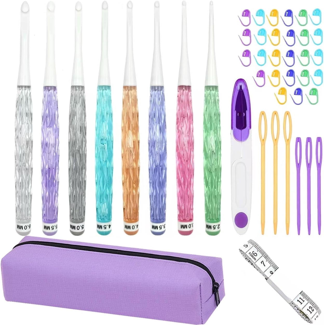 Inline Crochet Hooks Set,8PCS Plastic Long Hook Set with Case,Colorful Non-Slip Needles for Crocheting Yarn,Size 2.5mm-6mm