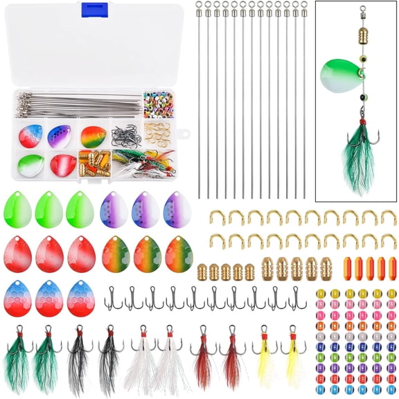 Inline Spinner Bait Making Kit 190pcs DIY Fishing Lure Acceessories Colorado Blades Clevis Feather Teaser Treble Hooks Beads Walleye Rigs Tackle Box for Bass Trout