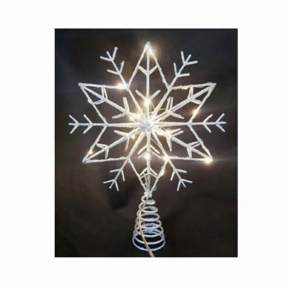 Inliten 130364 12 in. LED Battery Operated Metal Frame Snowflake with Silver Glitter Tree Topper