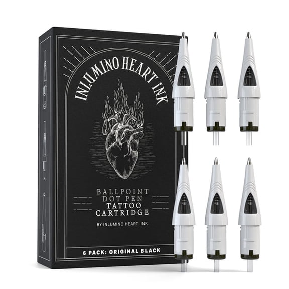 Inlumino Heart Ink Ballpoint Pen Cartridges – Original Black Ink (6-Pack) – Tattoo Practice Cartridges for Rotary Tattoo Machines – Oil-Based Ink for Creating Flash Art – Fake Skin Alternative