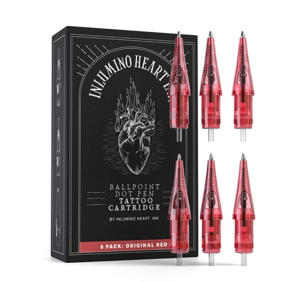 Inlumino Heart Ink Ballpoint Pen Cartridges – Original Red Ink (6-Pack) – Tattoo Practice Cartridges for Rotary Tattoo Machines