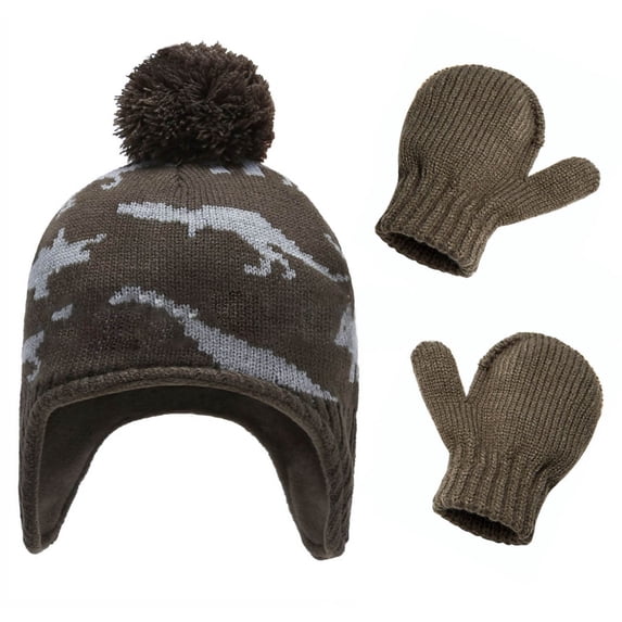 Inmuld Dinosaur Jacquard Earflap Knitted Beanie and Mitten 2 Piece Kids Winter Warm Accessory Set 4-6 Years,Dark Green