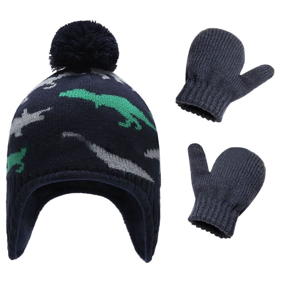 Inmuld Dinosaur Jacquard Earflap Knitted Beanie and Mitten 2 Piece Kids Winter Warm Accessory Set 4-6 Years,Light Gray