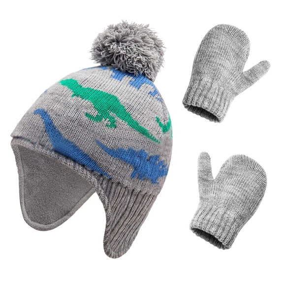Inmuld Dinosaur Jacquard Earflap Knitted Beanie and Mitten 2 Piece Kids Winter Warm Accessory Set 4-6 Years,Mint Green