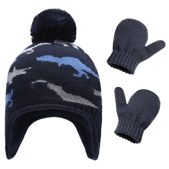 Inmuld Dinosaur Jacquard Earflap Knitted Beanie and Mitten 2 Piece Kids Winter Warm Accessory Set 4-6 Years,Navy