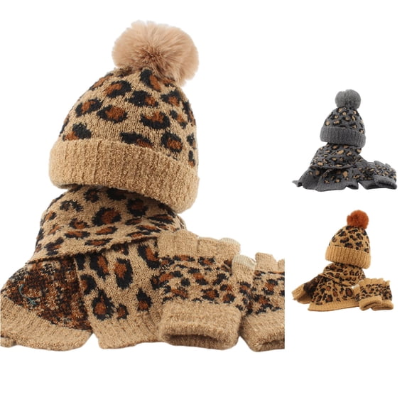 Inmuld Leopard Print Jacquard Pom Pom Beanie Long Scarf and Touch Screen Glove 3 Piece Kids Winter Accessory Set 1-6 Years,Khaki