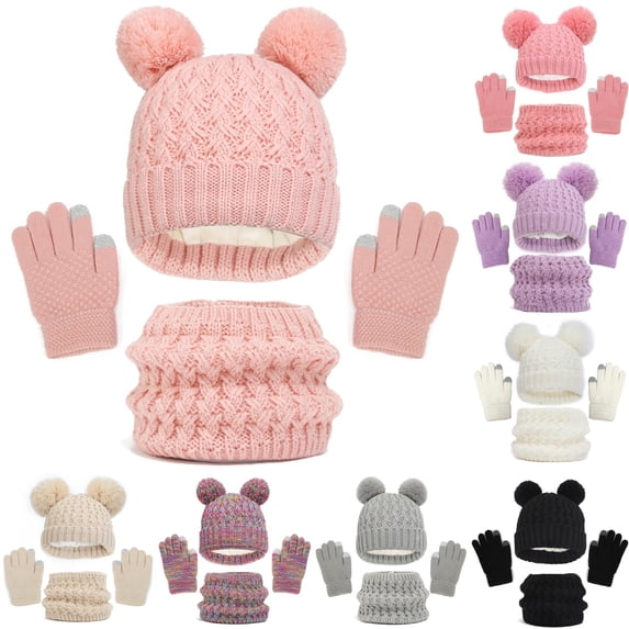 Inmuld Solid Cable Knit Lined Double Pom Pom Beanie Neck Warmer and Touch Screen Glove 3 Piece Kids Winter Accessory Set 1-6 Years,Pink