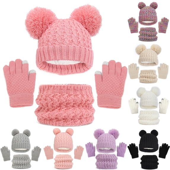 Inmuld Solid Cable Knit Lined Double Pom Pom Beanie Neck Warmer and Touch Screen Glove 3 Piece Kids Winter Accessory Set 1-6 Years,Watermelon Red
