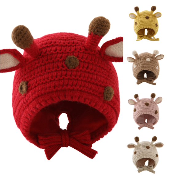 Inmuld Solid Hand Crochet Giraffe Shape Tie Earflap Baby Winter Warm Hat 3-24 Months,Red