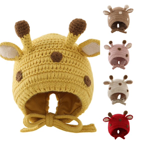 Inmuld Solid Hand Crochet Giraffe Shape Tie Earflap Baby Winter Warm Hat 3-24 Months,Yellow