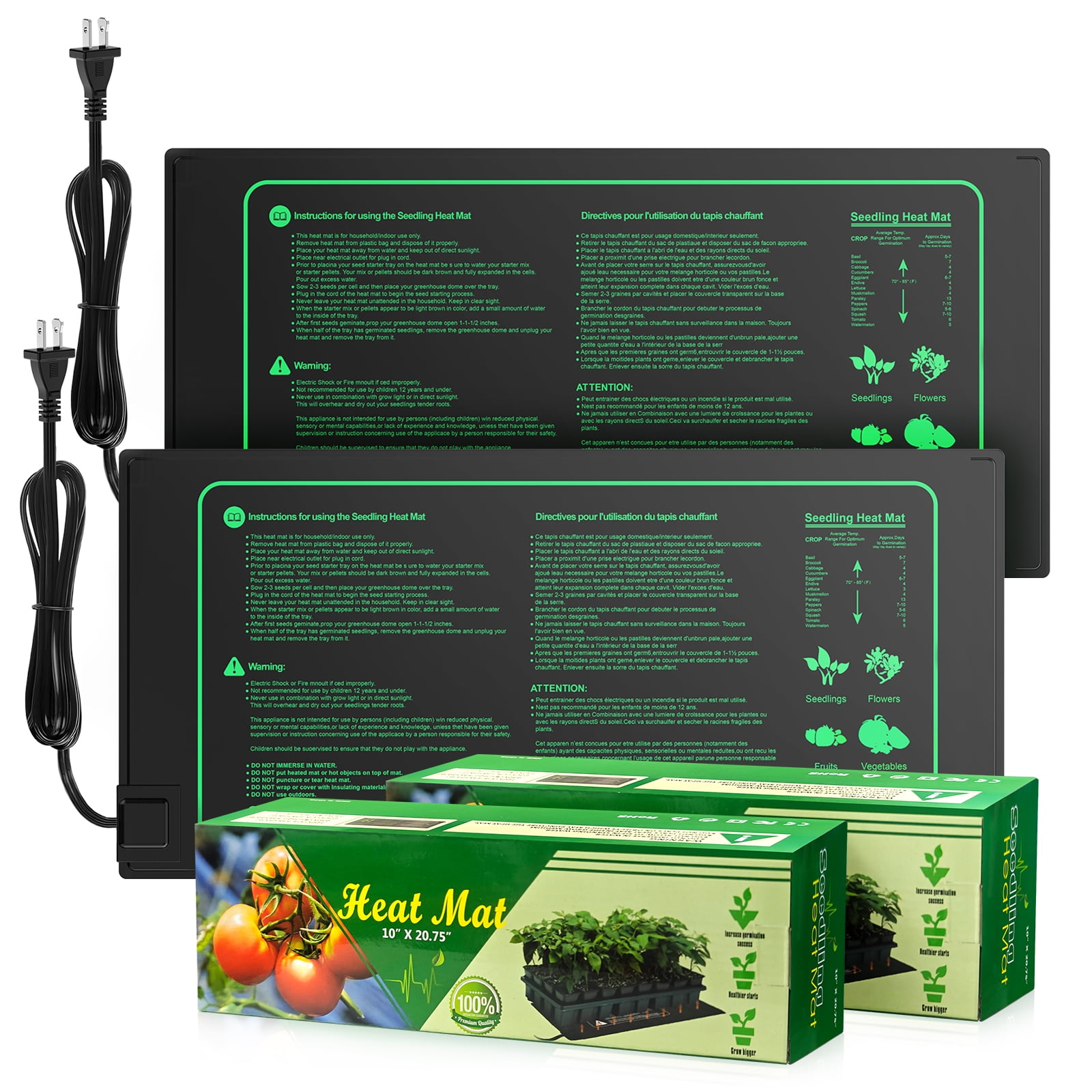 InnOrca 2 Pack Seedling Heat Mat Durable Waterproof 10" x 20.75", Hydroponic Heating Pad UL