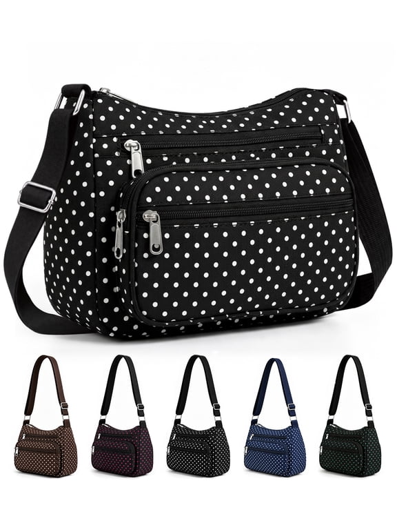 Black Polka Dot Crossbody Bag, Multi Zipper Pocket Nylon Shoulder Purse for Women Daily Travel