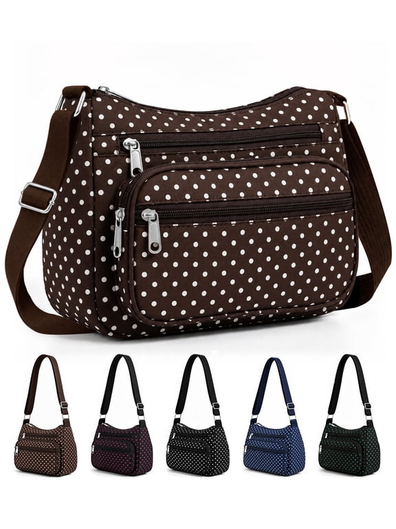 Women's Brown Polka Dot Nylon Crossbody Purse, Multi Zipper Pocket Shoulder Bag for Daily Travel