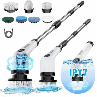 OAENAU Electric Spin Scrubber with Adjustable Extension Handle, 2-Speed Cordless Cleaning Brush with 7 Replaceable Brush Heads, Full-Body IPX7 Waterproof for Bathtub Kitchen Grout Floor Tile