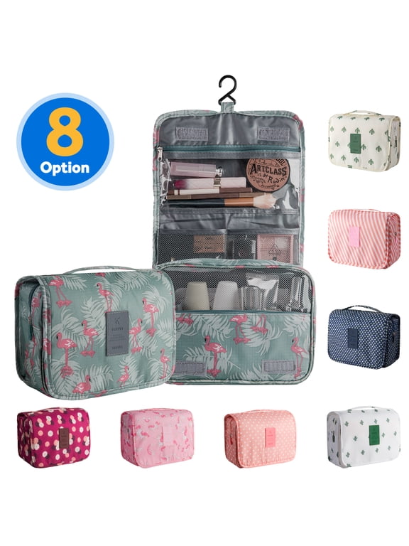 Portable Travel Toiletry Bag Home Cosmetic Organizer Makeup Bag, Blue & Flamingo
