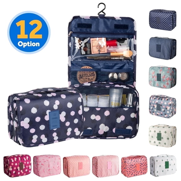 InnOrca Beauty Hanging Waterproof Travel Organizer Makeup Bag, Navy Blue with Daisies
