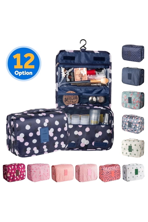 Beauty Hanging Waterproof Travel Organizer Makeup Bag, Navy Blue with Daisies