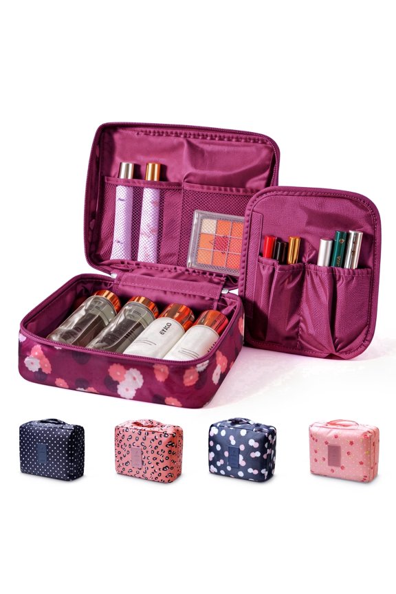 Travel Cosmetic & Toiletry Organizer Bag for Travel & Dorm Use ,Wine Red & Flower