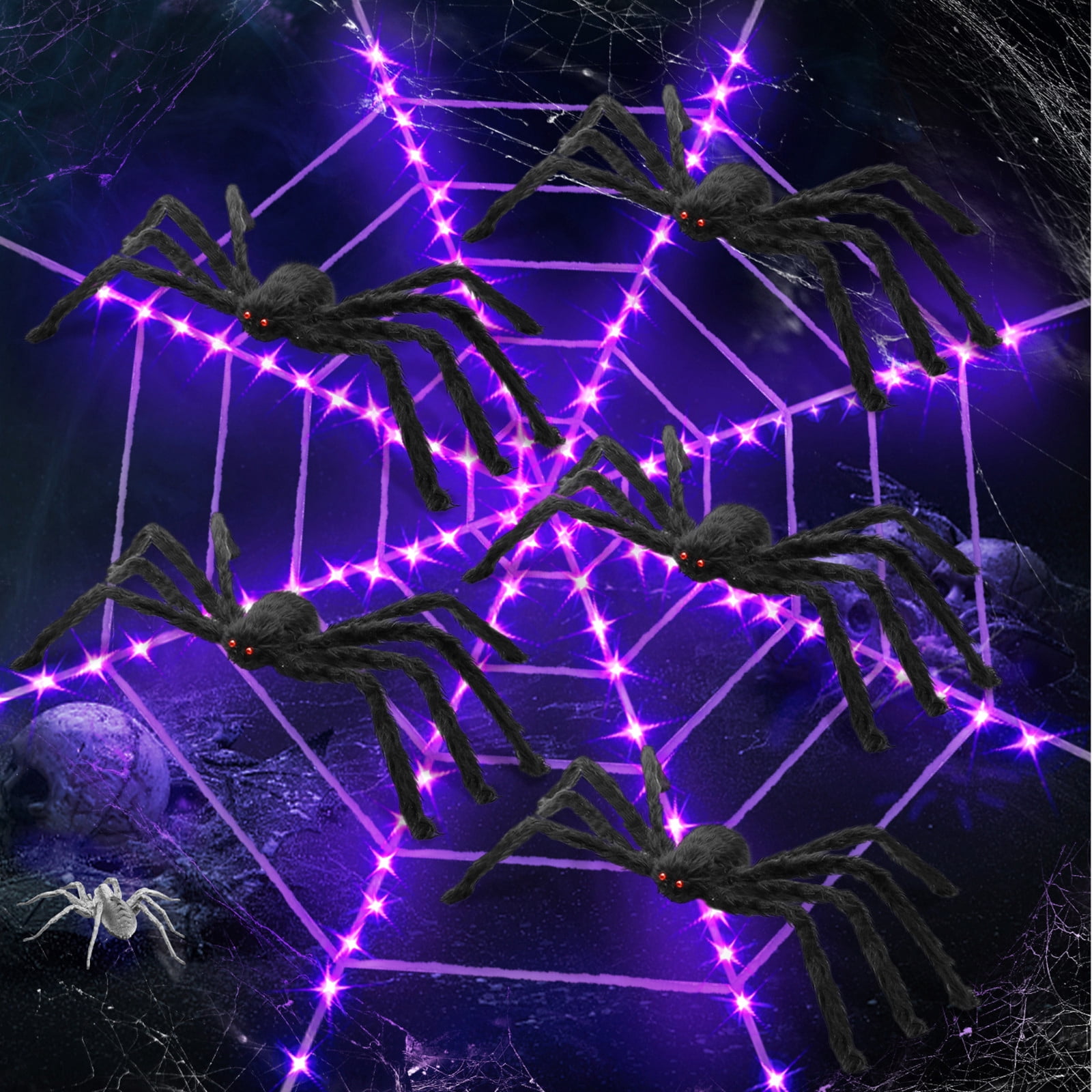 Innens 11.8ft Halloween 144 LED Purple Spider Web Lights with 35" Giant Spider Light up Cobweb Halloween Decorations for Indoor Ourdoor Garden Yard Home Patio (Black, 5Pcs)