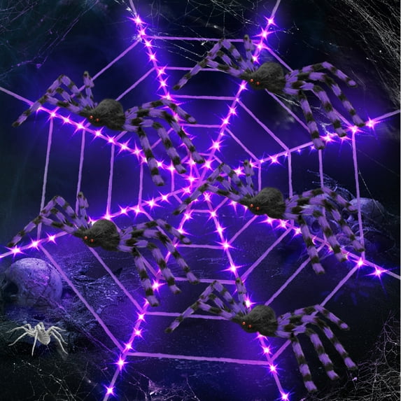 Innens 11.8ft Halloween 144 LED Purple Spider Web Lights with 35" Giant Spider Light up Cobweb Halloween Decorations for Indoor Ourdoor Garden Yard Home Patio (Purple, 5Pcs)
