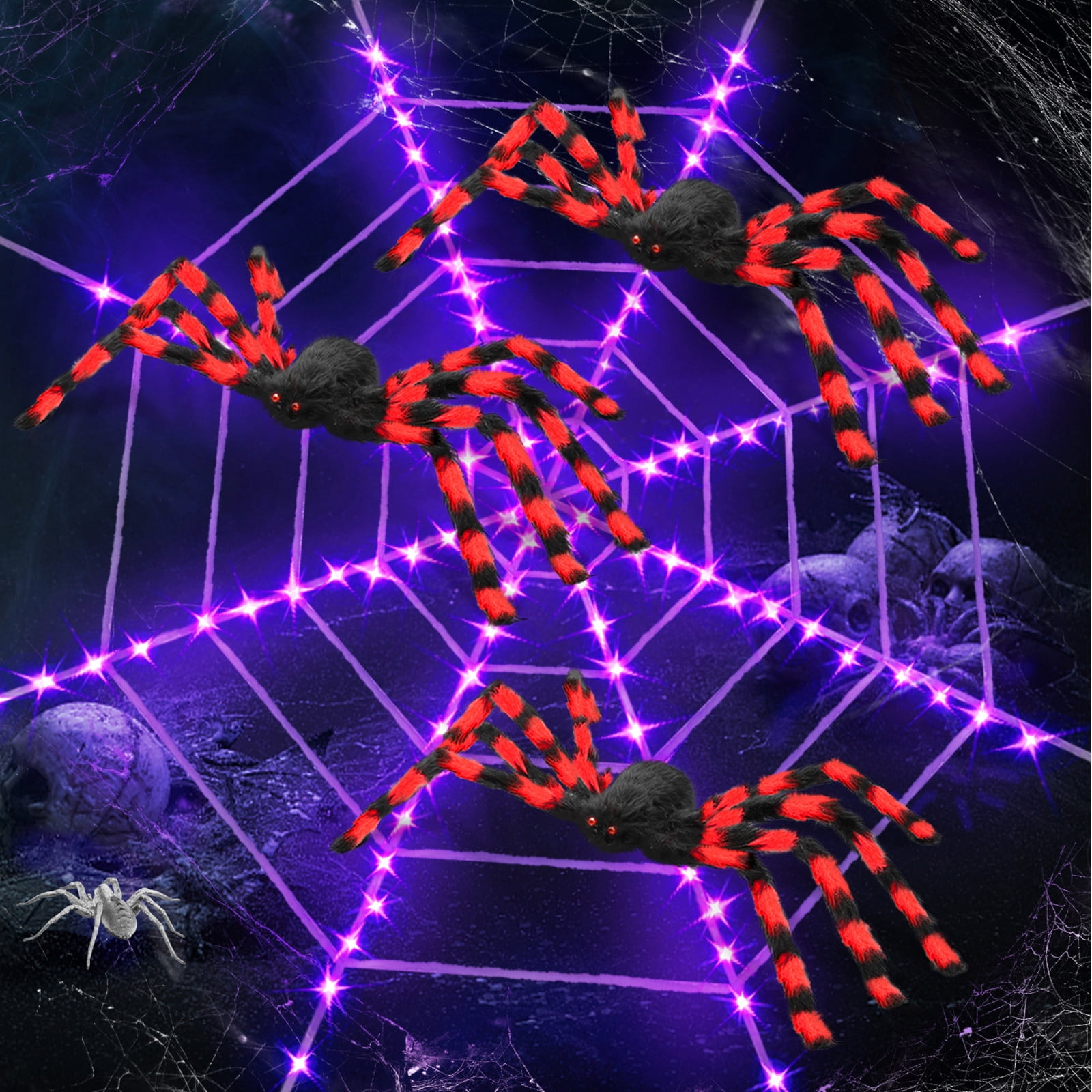 Innens 11.8ft Halloween 144 LED Purple Spider Web Lights with 35" Giant Spider Light up Cobweb Halloween Decorations for Indoor Ourdoor Garden Yard Home Patio (Red, 3Pcs)