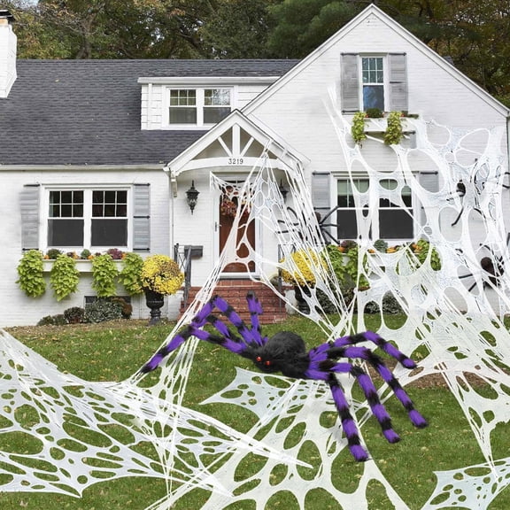 Innens 13*3ft Giant Spider Web with 35" Spider Halloween Decorations Flexible Elastic Spider Web for Indoor Ourdoor Garden Yard Party Decor (Purple, 1Pc)