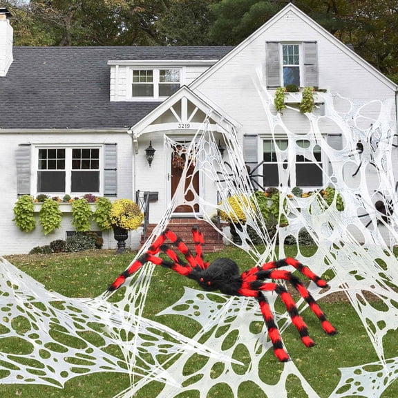 Innens 13*3ft Giant Spider Web with 35" Spider Halloween Decorations Flexible Elastic Spider Web for Indoor Ourdoor Garden Yard Party Decor (Red, 1Pc)