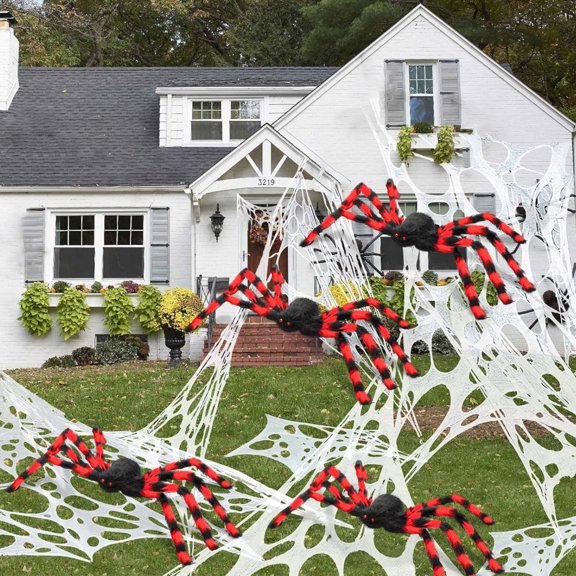 Innens 13*3ft Giant Spider Web with 35" Spider Halloween Decorations Flexible Elastic Spider Web for Indoor Ourdoor Garden Yard Party Decor (Red, 4Pcs)