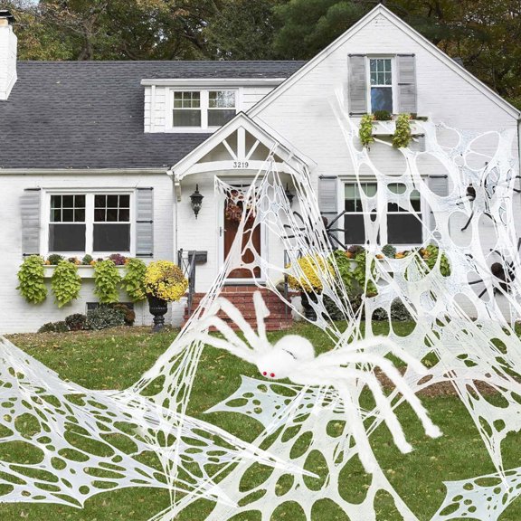 Innens 13*3ft Giant Spider Web with 35" Spider Halloween Decorations Flexible Elastic Spider Web for Indoor Ourdoor Garden Yard Party Decor (White, 1Pc)