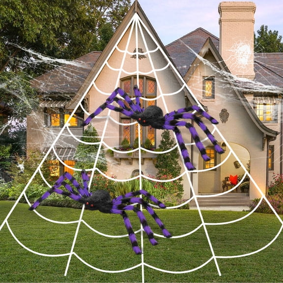 Innens 23*18ft Halloween Decorations Giant Spider Web with 35" Spider Huge Spider Stretch Cobwebs for Halloween Decor Yard Lawn Party Outdoor Indoor (Purple, 2Pcs)