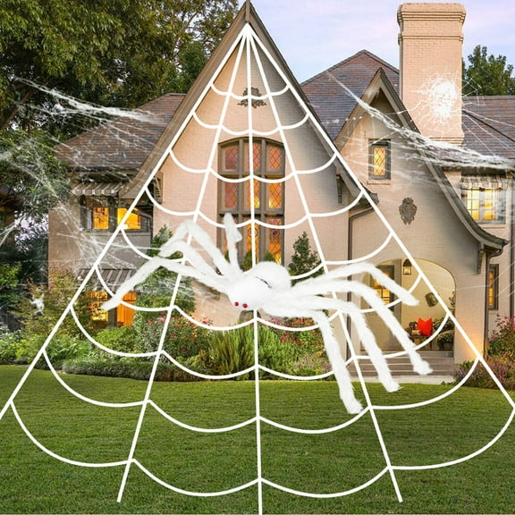 Innens 23*18ft Halloween Decorations Giant Spider Web with 35" Spider Huge Spider Stretch Cobwebs for Halloween Decor Yard Lawn Party Outdoor Indoor (White, 1Pc)