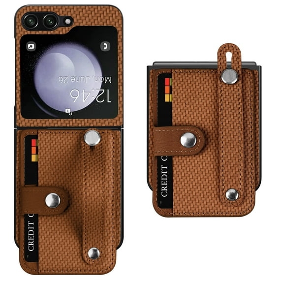 Innens Case with Credit Card Holder for Samsung Galaxy Z Flip 5 5G Wristband Stand Leather Phone Cover, Brown