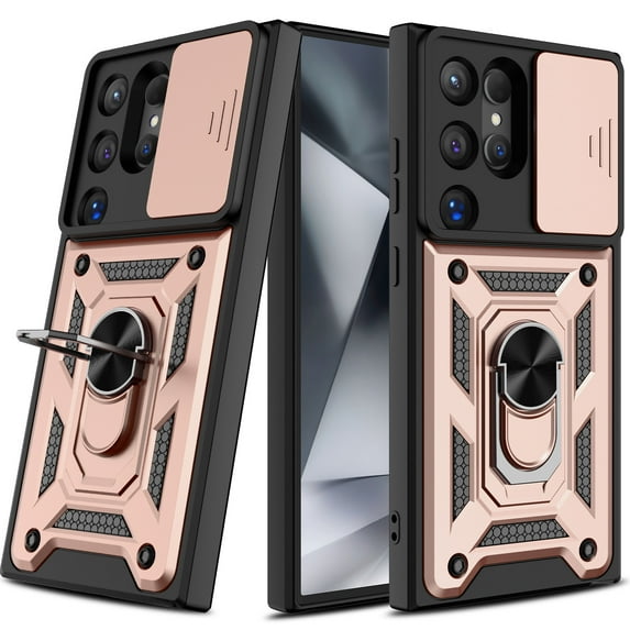Innens Case with Screen and Lens Protector with Ring Stand and Slide Camera Lens for Samsung Galaxy S24 Ultra/S24 Plus/S24 Cover, Pink