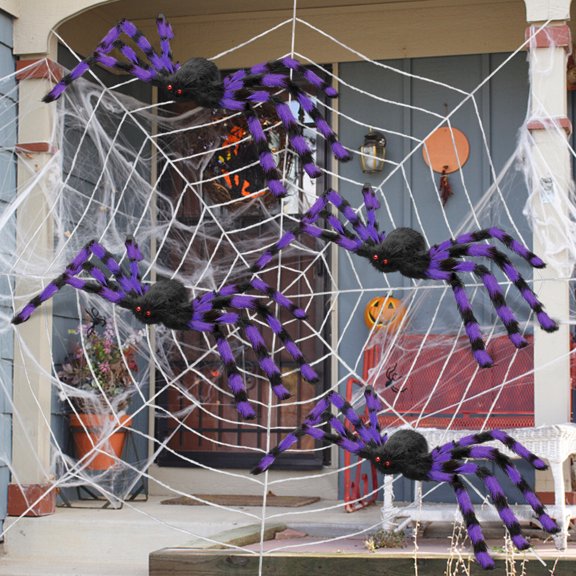 Innens Halloween Spider Web Decoration 11.8ft Giant Spider Web with 35" Spider Round Cobweb Props for Outdoor Indoor Halloween Party Decorations (Purple, 4Pcs)