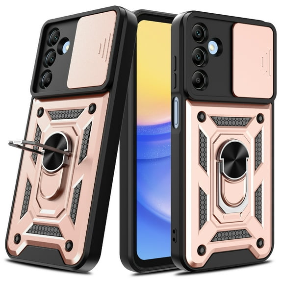 Innens Phone Case with Screen Protector with Ring Stand and Slide Camera Lens for Samsung Galaxy A55/A25/A15 5G 6.5inch Cover, Pink