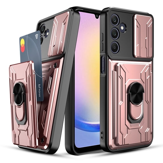 Innens for Samsung Galaxy A15/A25/A55 5G 6.5inch Card Slot Wallet Case Finger Ring Holder Cover with Screen Protector, Pink