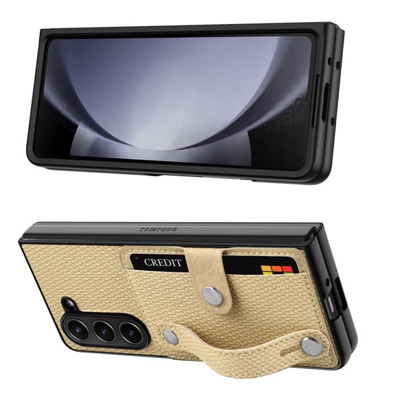 Innens for Samsung Galaxy Z Fold 5 5G Case with Credit Card Holder Wristband Stand Leather Phone Cover, Khaki