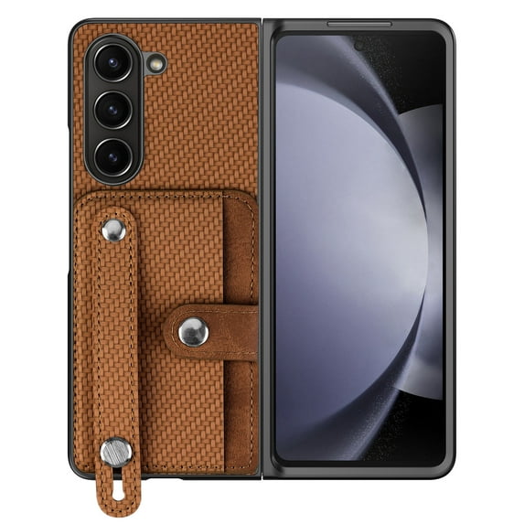 Innens for Samsung Galaxy Z Fold 5 5G Case with Screen and Camera Lens Protector Wristband Credit Card Holder Leather Phone Cover, Brown