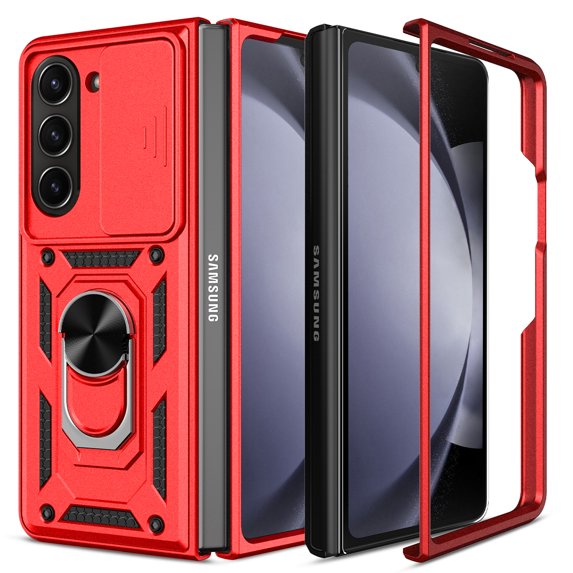 Innens for Samsung Galaxy Z Fold 5 5G Case with Silde Camera Lens and Ring Stand, Red