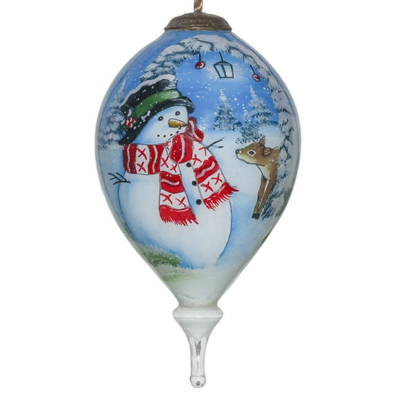 Inner Beauty Snowman with Deer Hand Painted Glass Christmas Ornament