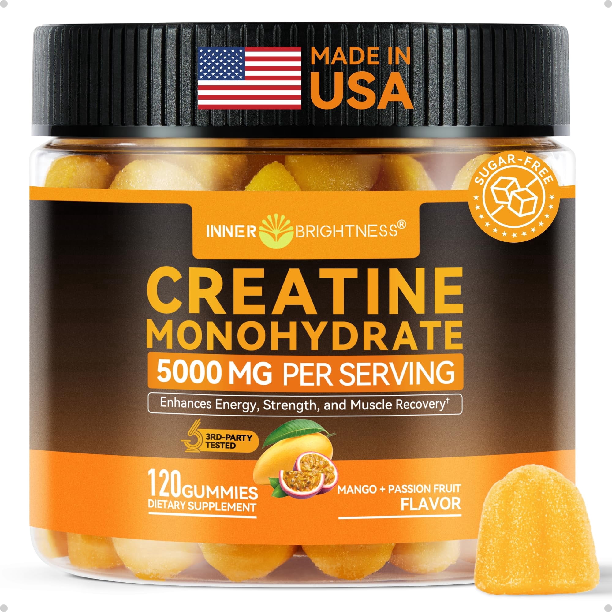 Inner Brightness Creatine Monohydrate Gummies for Men & Women 5000 mg, 3rd Party Tested, Creatine Chews for Muscle Growth, Strength & Energy Support, Sugar Free, Vegan, 120 Count, Orange Lemon