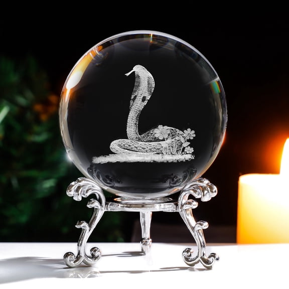 Inner Carving 12 Chinese Zodiac Signs Glass Ball Diaplay Decoration with Metal Holder 3D Figurines Gift for Home Office Desktop Decor Snake 60mm