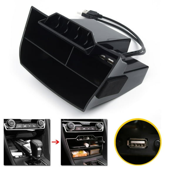 Inner Console Central Storage Box With Dual USB For Civic 2016-2019/ for 10Th Gen LHD Models, Black ABS Plastic